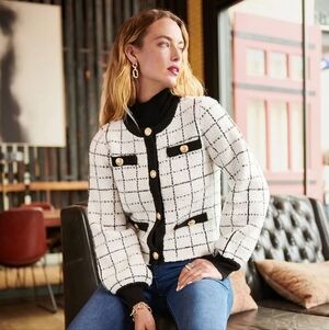 Truth by Republic Cropped Boucle Cardigan Wool Blend White Black Plaid S